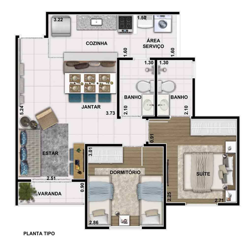 Mirante de Itatiba 2 - Planta Apartamento com 2 Dormitórios - Walcon