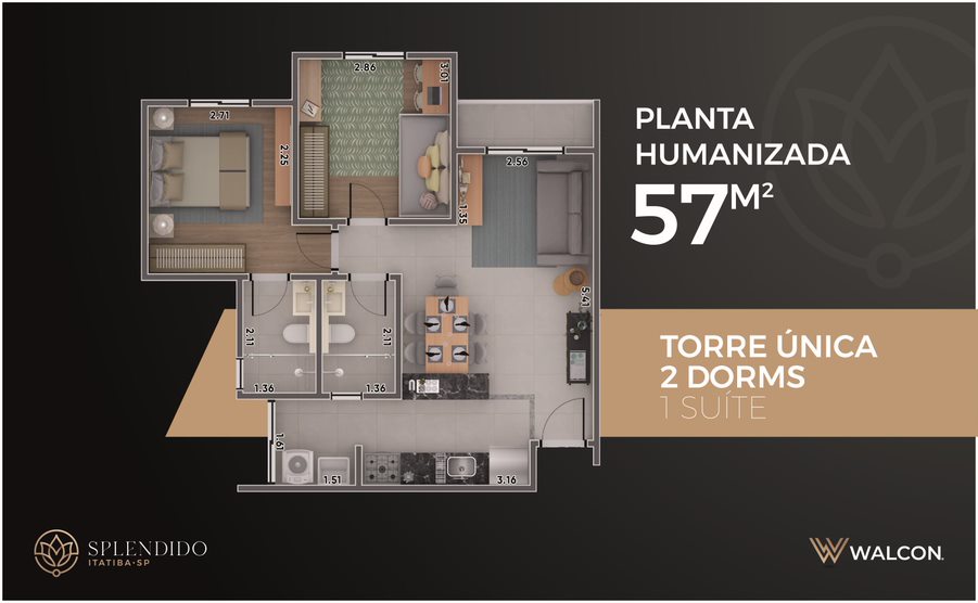 planta do apartamento com 2 dormitórios no condomínio Splendido em Itatiba/SP